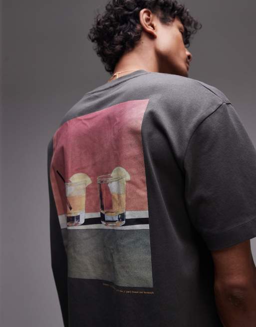 Topman - Koksgrå T-shirt med 'Negroni'-print foran og bagpå i afslappet pasform, 3 af 4