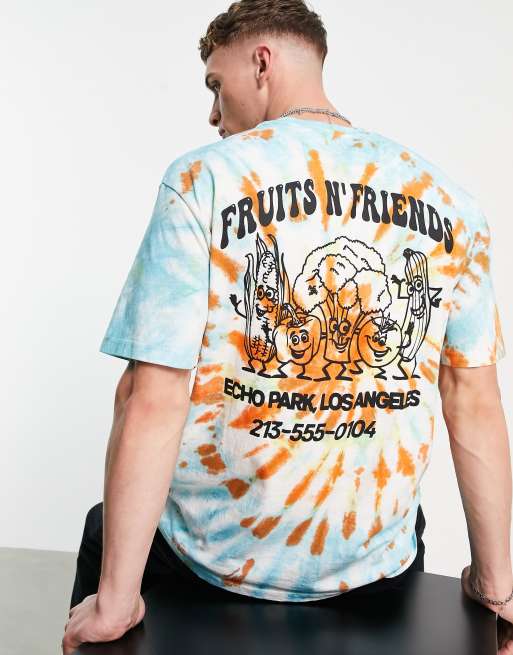 Topman – Kolorowy T-shirt oversize z napisem „Fruit and Friends” na plecach i piersi z efektem tie-dye