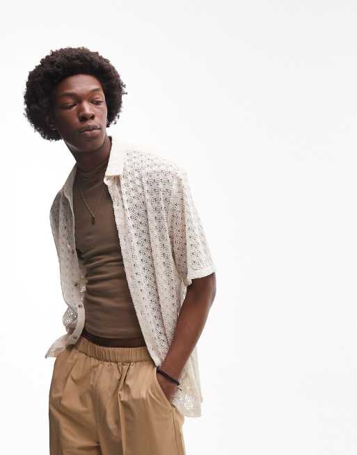 Topman – Koronkowa koszula o luźnym kroju z krótkim rękawem w kolorze ecru