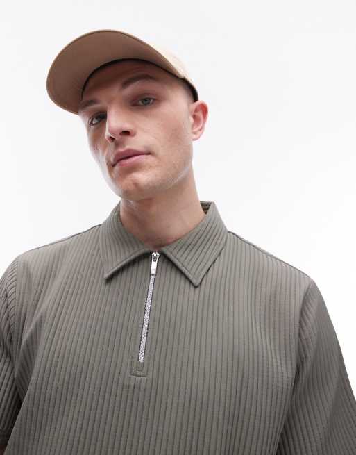 Topman - Kortærmet skjorte med 1/4 lynlås og plisseringer i khaki, 2 af 4