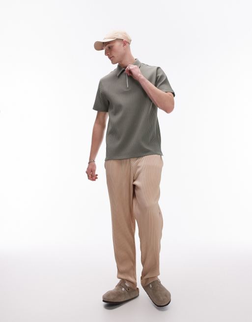 Topman - Kortærmet skjorte med 1/4 lynlås og plisseringer i khaki, 3 af 4