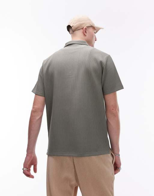 Topman - Kortærmet skjorte med 1/4 lynlås og plisseringer i khaki, 4 af 4