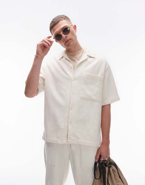 Topman - Kortærmet skjorte med afslappet pasform og tekstur i beige - Del af sæt - view 1