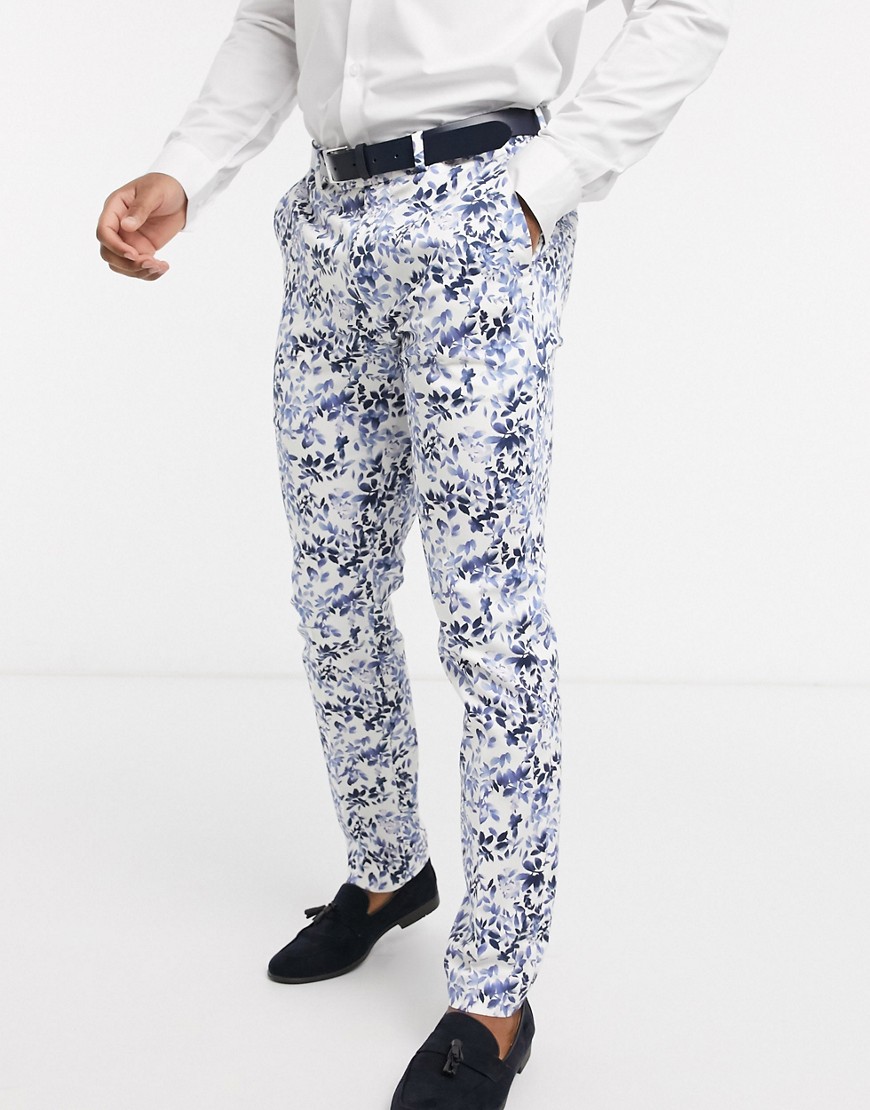 Topman – Kostymbyxor med extra smal passform och blommigt mönster-Grå