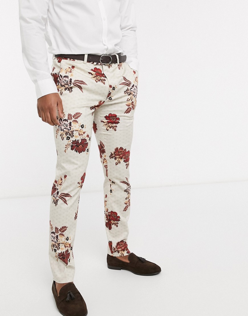 Topman – Kostymbyxor med extra smal passform och blommigt mönster-Sandfärgad