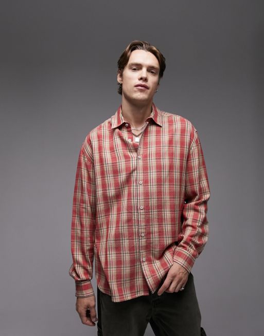 Topman – Koszula o luźnym kroju z długim rękawem z tkaniny w różową kratkę