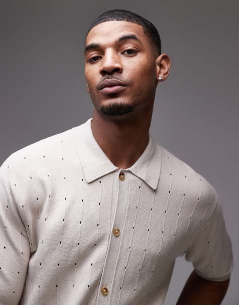Topman pointelle knit polo shirt in stone