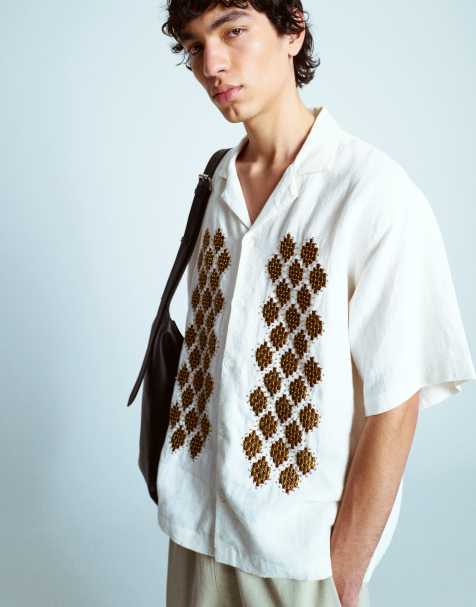 Topman premium beaded crochet shirt in ecru