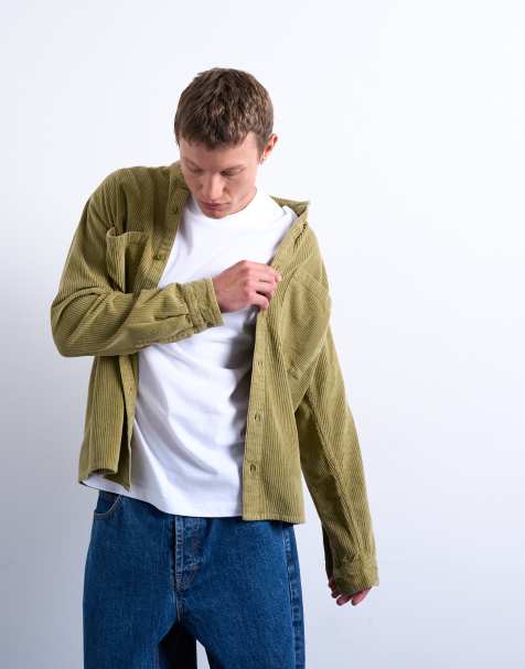 Topman regular fit cord shirt in washed green
