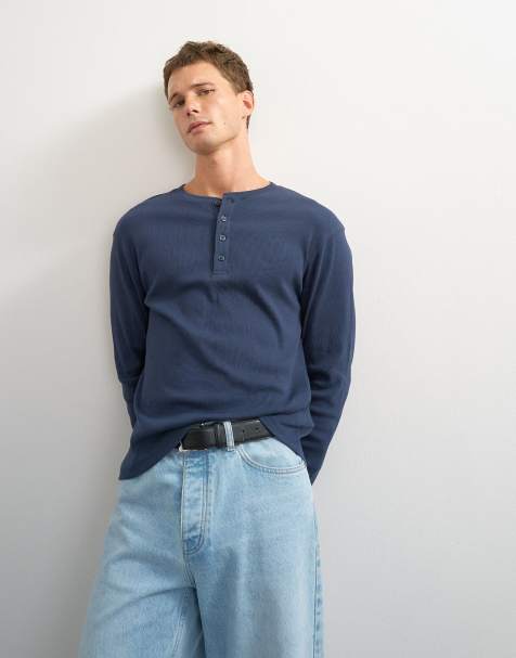 Topman koszulka henley o dopasowanym kroju z długim rękawem i prążkowana w kolorze granatowym - view 1