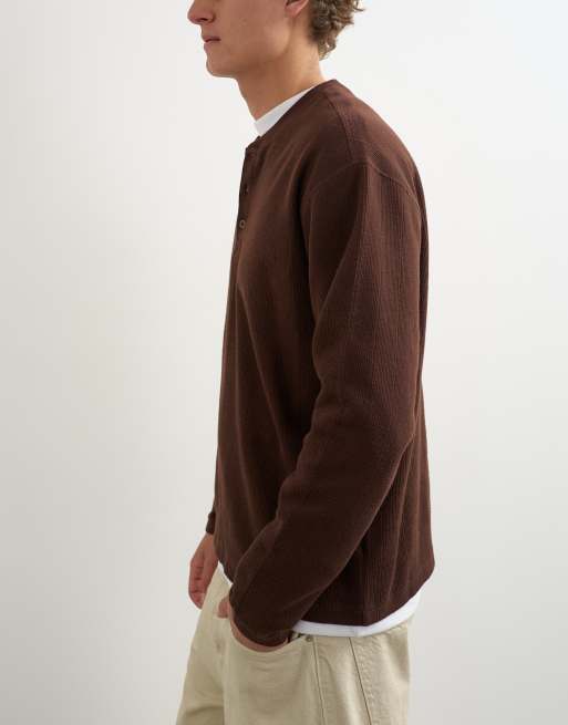 Topman koszulka henley o luźnym kroju, prążkowana, brązowa, 4 z 5