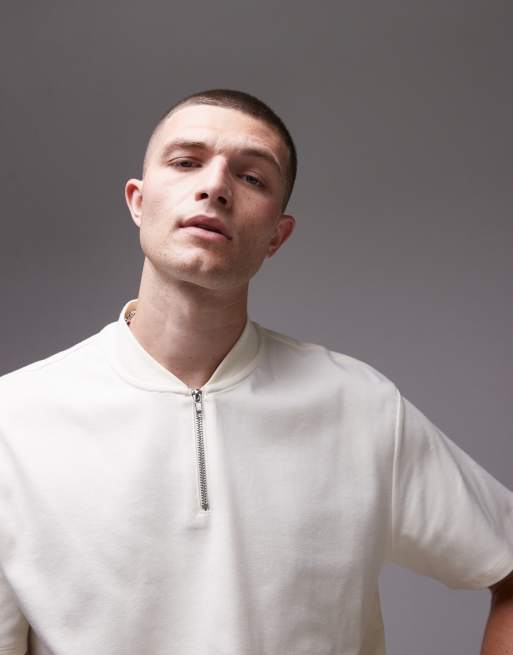 Topman – Koszulka polo oversize w kolorze ecru z suwakiem pod szyją