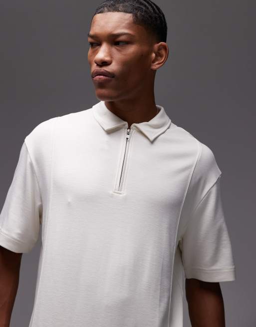 Topman – Koszulka polo premium oversize w kolorze ecru z zamkiem pod szyją