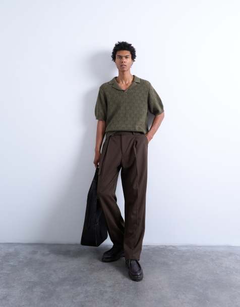 Topman knitted check crochet polo in khaki