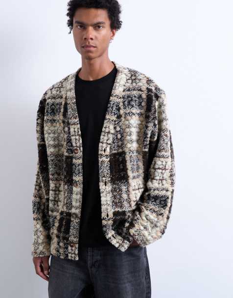 Topman wool mix textured square pattern cardigan in cream & brown