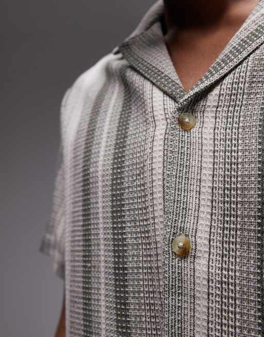 Topman – Kurzärmliges, gestreiftes Hemd in Grün und Weiß mit Reverskragen, 2 von 4
