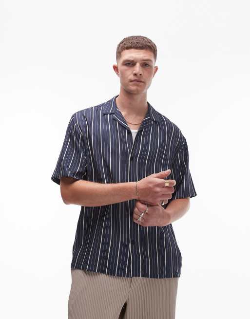 Topman – Kurzärmliges, gestreiftes Hemd in Marineblau, 3 von 4