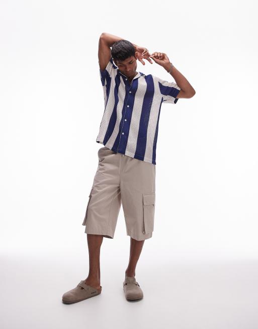 Topman – Kurzärmliges Häkel-Hemd in Blau gestreift, 3 von 4
