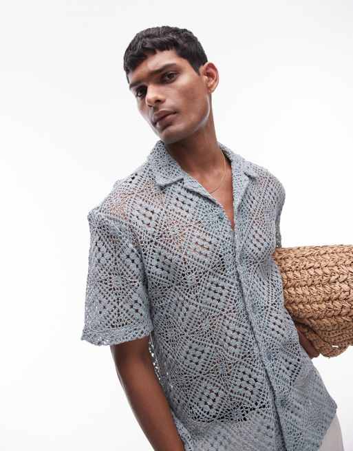 Topman – Kurzärmliges Hemd in Blau mit gehäkelter Gitterstruktur 