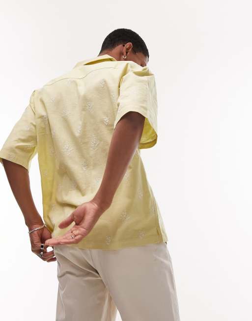 Topman – Kurzärmliges Hemd in Hellgrün mit durchgehender Blumenstickerei und lockerem Schnitt, 3 von 4
