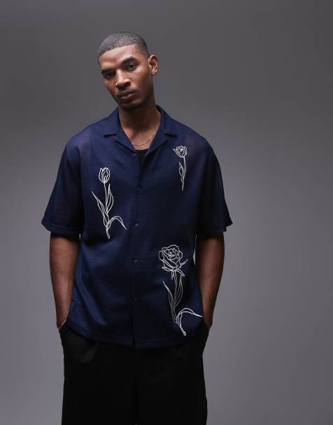Topman – Kurzärmliges Hemd in Marineblau mit Blumenstickerei - view 1