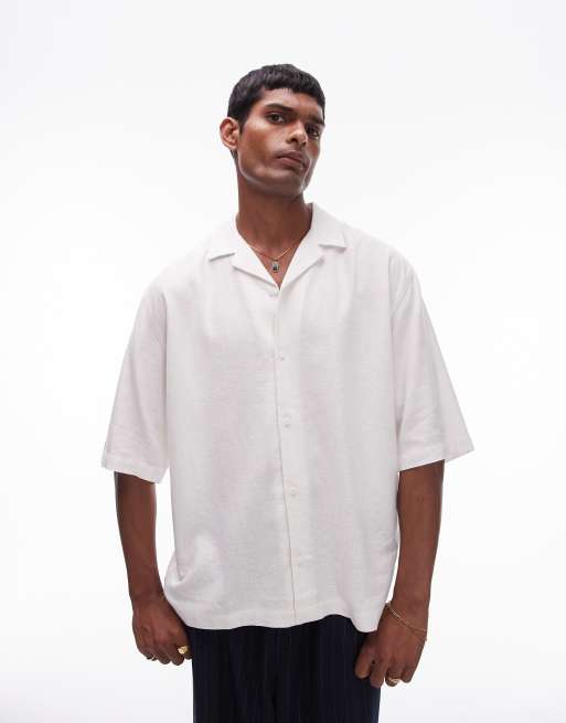 Topman – Kurzärmliges, kastiges Hemd aus Leinenmix in Ecru