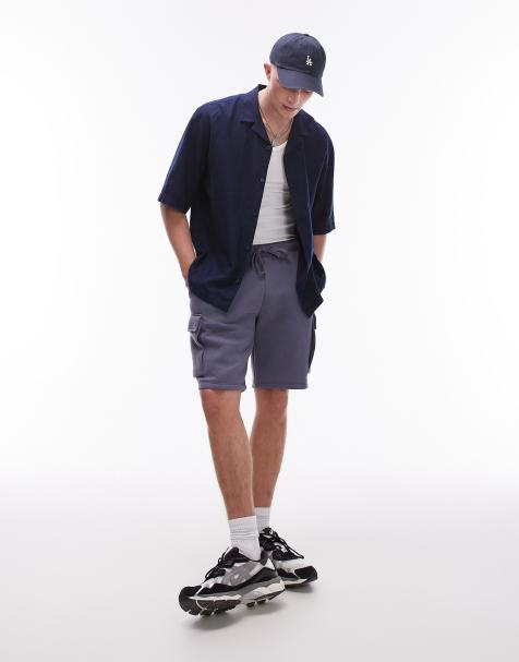 Topman – Kurzärmliges, kastiges Leinenhemd in Marineblau - view 1