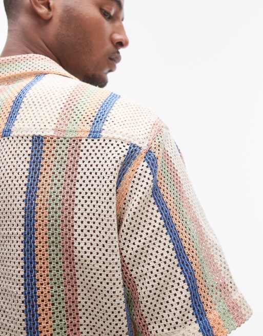 Topman – Kurzärmliges, mehrfarbiges Häkel-Hemd mit Streifen, 3 von 4