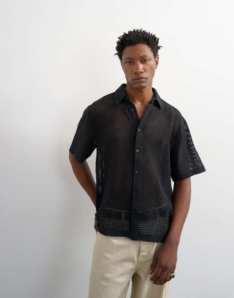 Topman – Kurzärmliges Relaxed-Fit-Hemd aus gewebtem Netzstoff in Schwarz - view 1