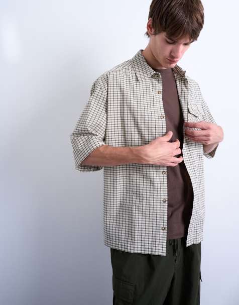 Topman – Kurzärmliges strukturiertes Karohemd mit entspannter Passform in Steinbeige - view 1