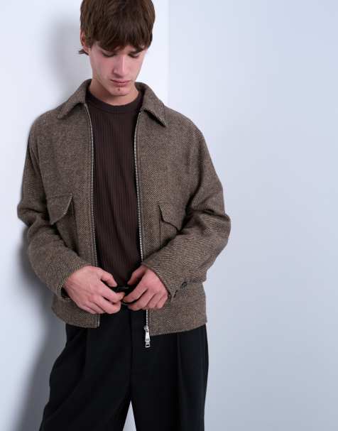 Topman – Kurzjacke in Braun mit Fischgrätmuster - view 1