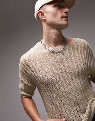 Topman ladder knit t-shirt in stone-Neutral