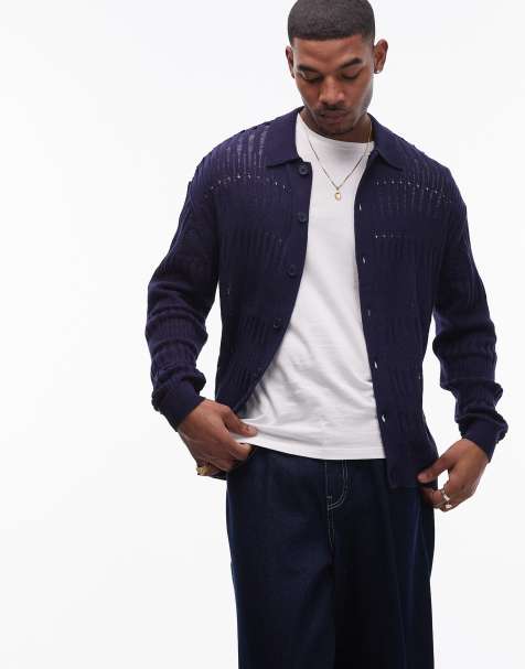Topman ladder stitch cardigan in navy - view 1