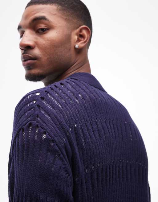 Topman ladder stitch cardigan in navy, 2 of 4