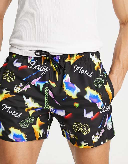 Topman lady luck print swim shorts in black 