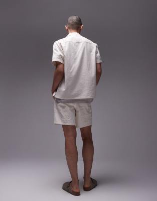 Topman Short Sleeve Regular Fit Revere Laid On Embroidered Linen Mix Shirt In Off White - Part Of A Set-neu In Neutral