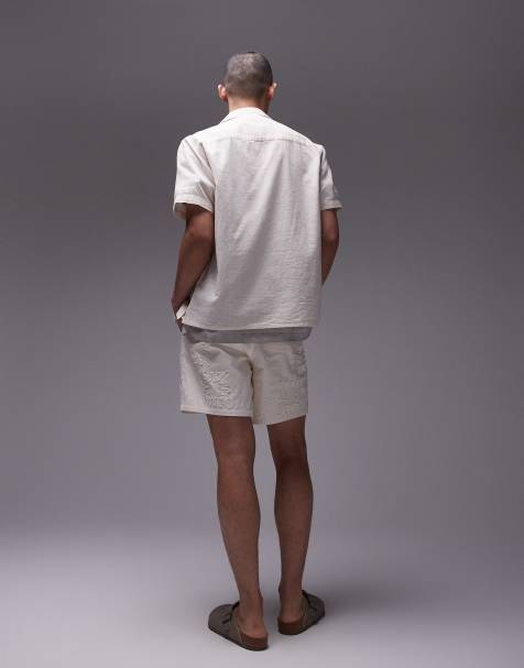 Topman laid on embroidered linen mix shorts in ecru - part of a set - view 1