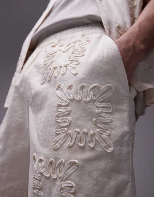 Topman laid on embroidered linen mix shorts in ecru - part of a set, 3 of 5