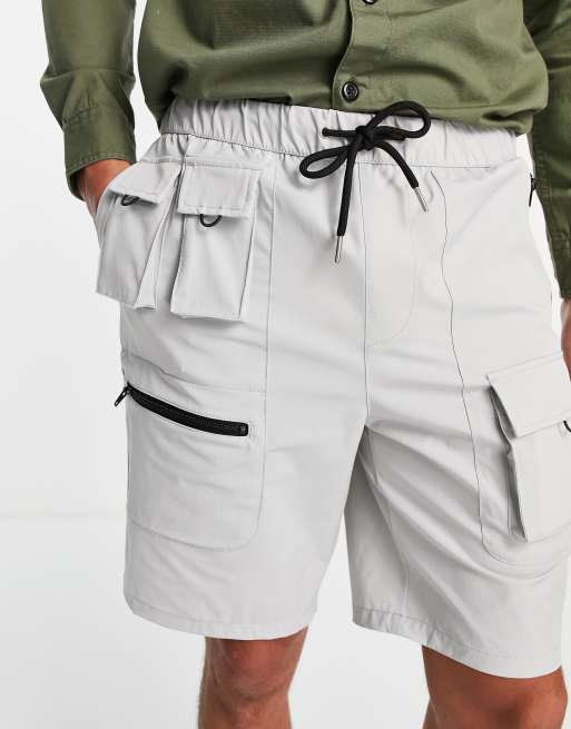 Topman – Lang geschnittene Cargo-Shorts in Grau mit mehreren Taschen