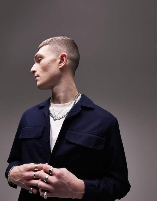 Topman – Langärmlige Utility-Hemdjacke in Marineblau mit Taschendetails, normalem Schnitt und Reverskragen