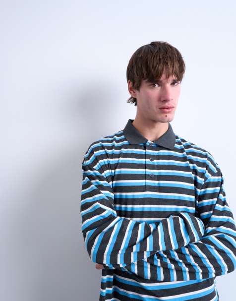 Topman – Langärmliges Cropped-Fit-Rugby-Polohemd in Blau - view 1