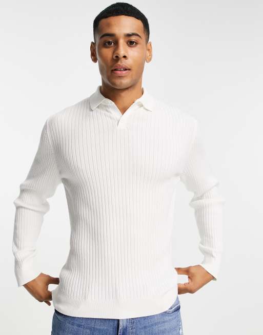 Topman – Langärmliges, geripptes Poloshirt in Ecru