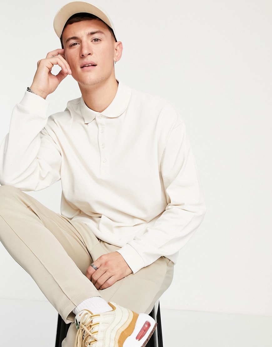 Topman – Langärmliges Oversize-Polohemd aus Pikee in Ecru-Weiß günstig online kaufen