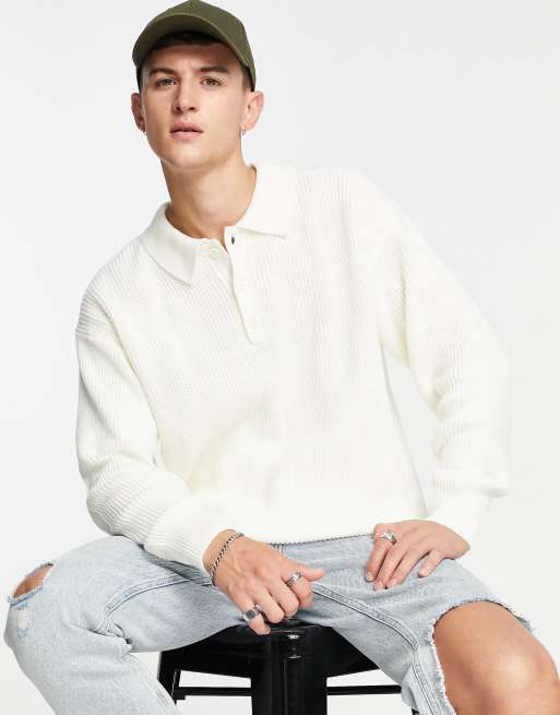 Topman – Langärmliges Oversize-Polohemd aus Strick in Ecru
