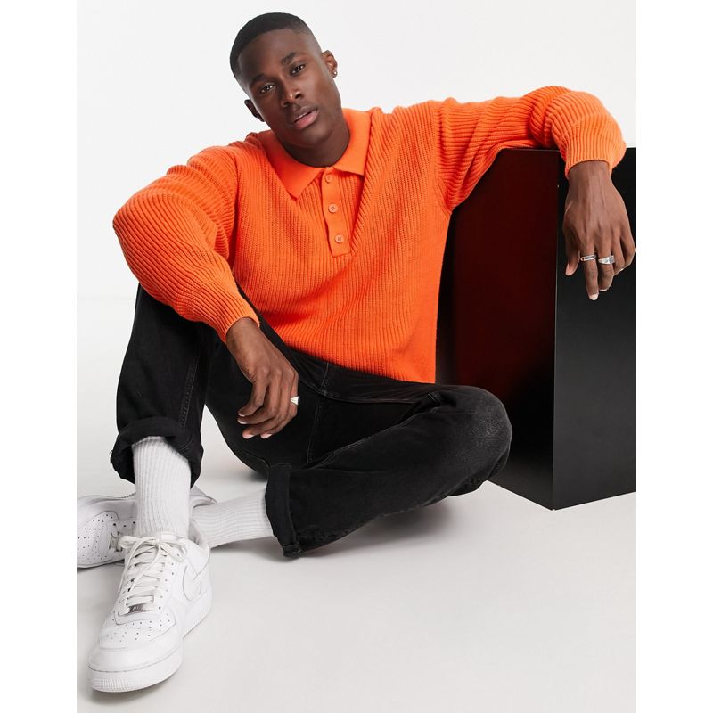 Topman – Langärmliges Oversize-Polohemd aus Strick in Orange