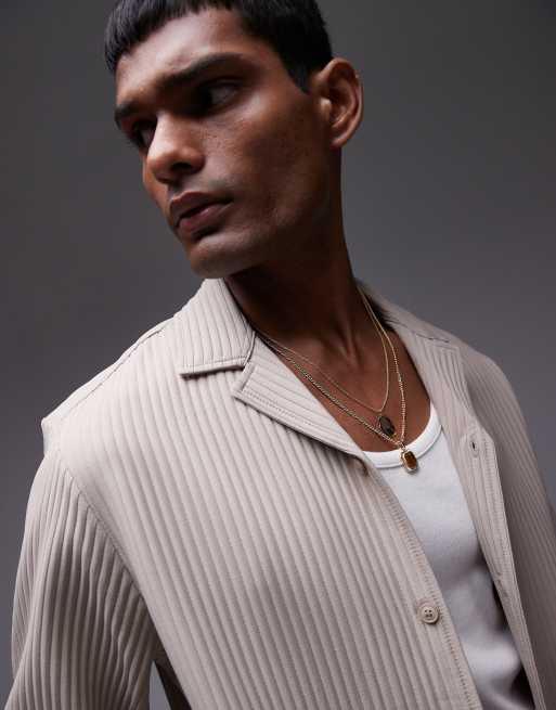 Topman – Langärmliges Plissee-Hemd in Beige mit normalem Schnitt und Reverskragen, 4 von 4