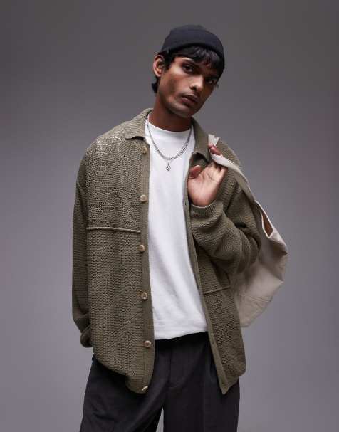 Topman – Langärmliges Polohemd in Khaki mit Reverskragen und gemischtem Häkelmuster - view 1