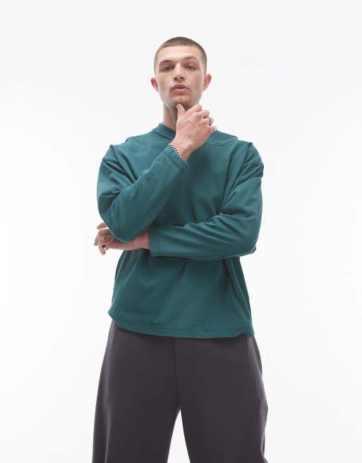 Topman – Langärmliges Shirt in verwaschenem Grün mit V-Ausschnitt