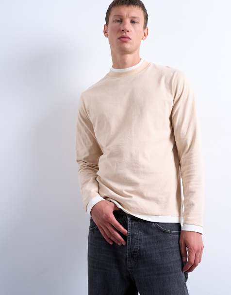 Topman – Langärmliges, zweilagiges T-Shirt in Stein und Ecru - view 1