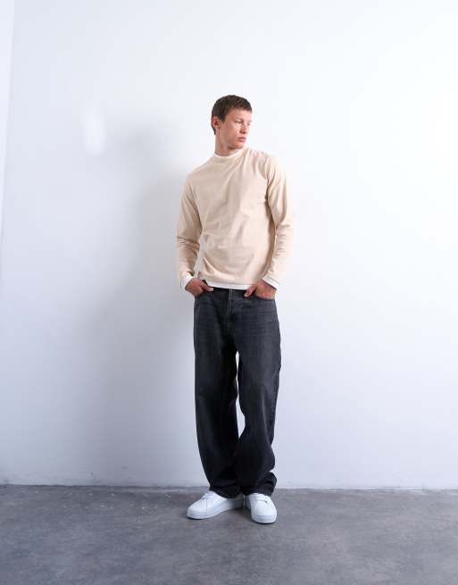 Topman – Langärmliges, zweilagiges T-Shirt in Stein und Ecru, 2 von 5